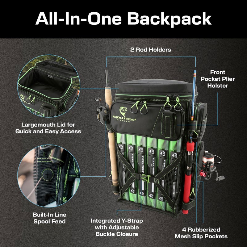 Evolution Outdoor حقيبة صيد Evolution Drift Series 3700 مع نظام QuikLatch و 2 حامل قضبان - أخضر، حقيبة صيد ثقيلة مع 6 صناديق طعم - Image 3
